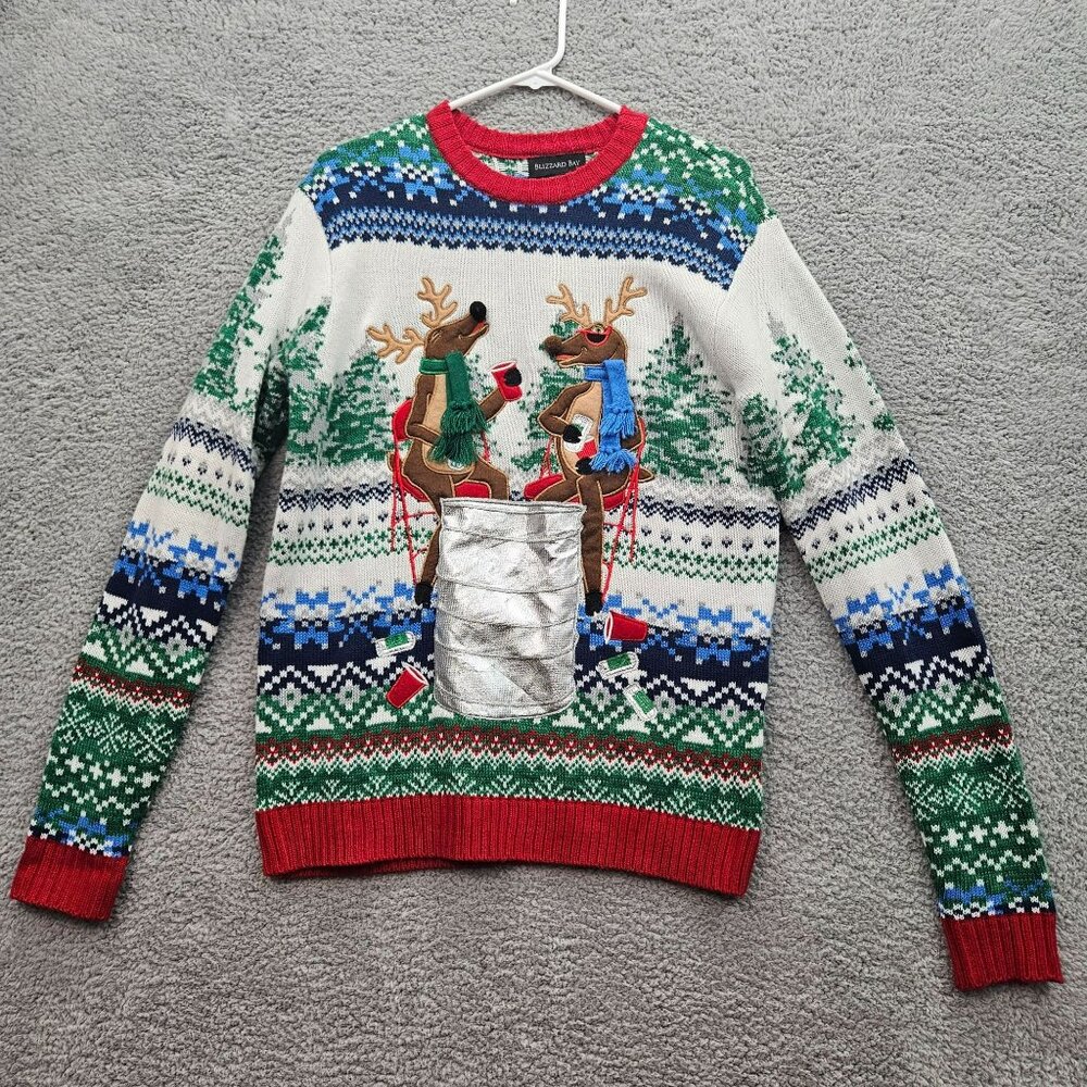 Blizzard Bay Ugly Christmas Sweater Reindeer Drinking beer holder size small